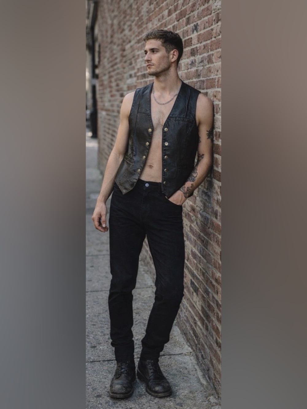 Men's Black Leather Button Vest